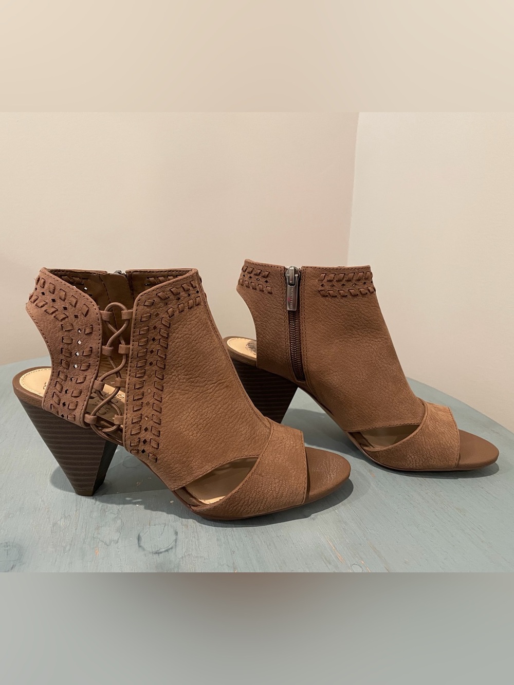 Vince Camuto Brown Suede Cutout Peep-Toe Open Heel Ankle Booties